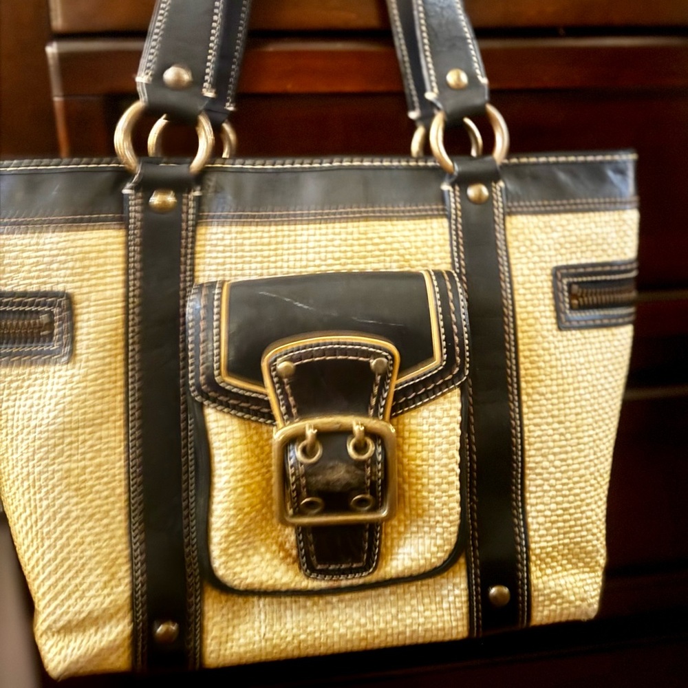 Coach Cream Woven Tote with Black Trim and Gold Buckle